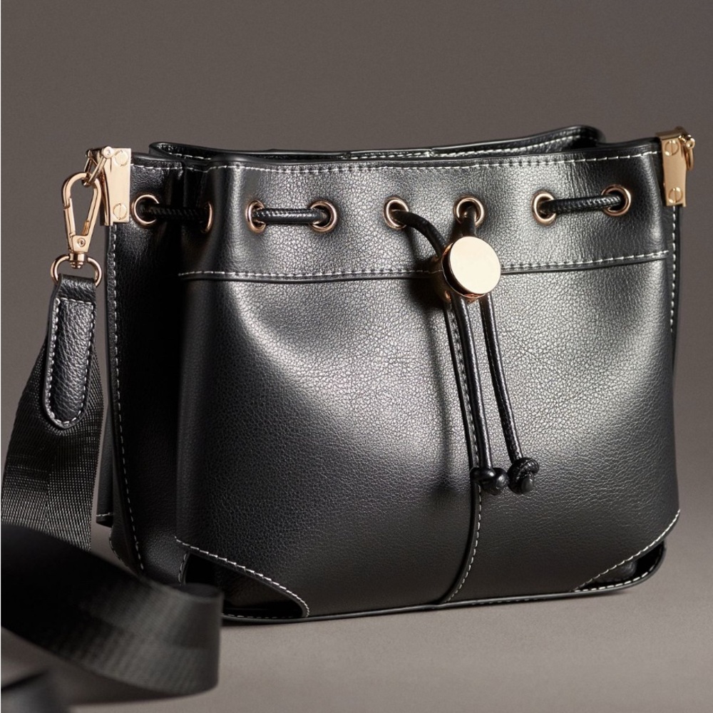 Anthropologie Mini Whipstitch Bucket Bag in Black NWT